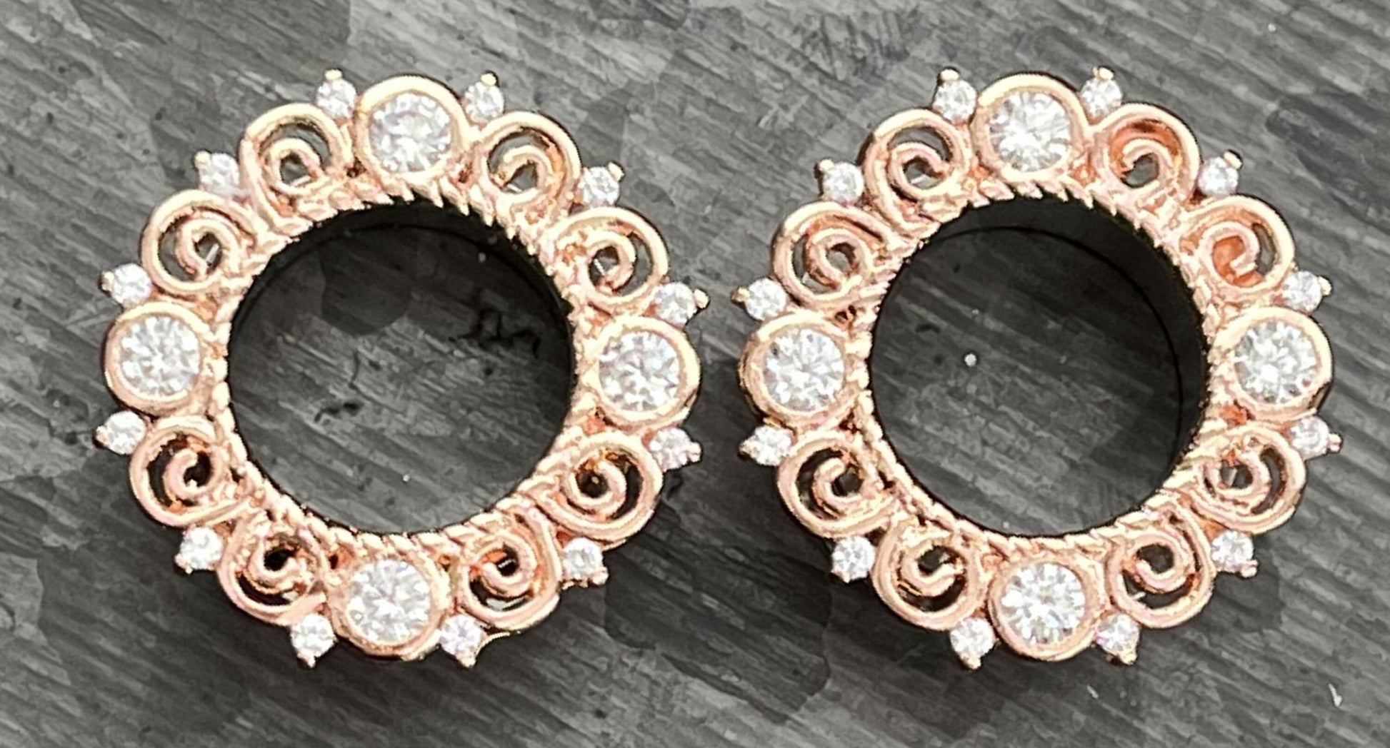 PAIR of Stunning Rose Gold CZ Gem Filigree Screw Fit Tunnels/Plugs - Gauges 2g (6mm) thru 5/8" (16mm) Available!
