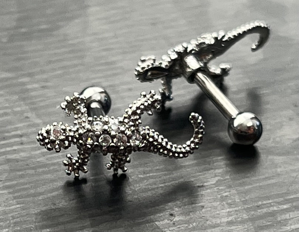 1 Piece Unique CZ Paved Stainless Steel Lizard Tragus Stud Ring - 16g - Wearable Length 1/4" (6mm) - Lizard length 14mm:)