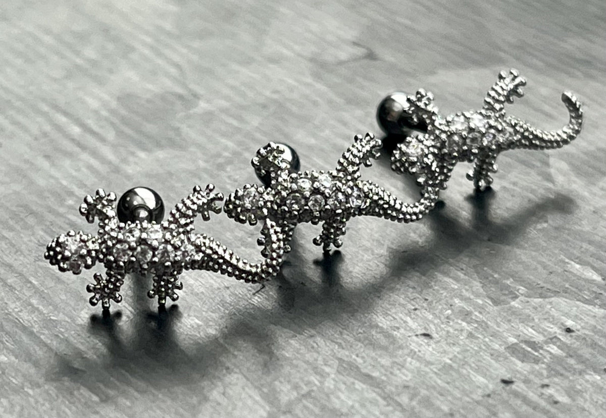 1 Piece Unique CZ Paved Stainless Steel Lizard Tragus Stud Ring - 16g - Wearable Length 1/4" (6mm) - Lizard length 14mm:)