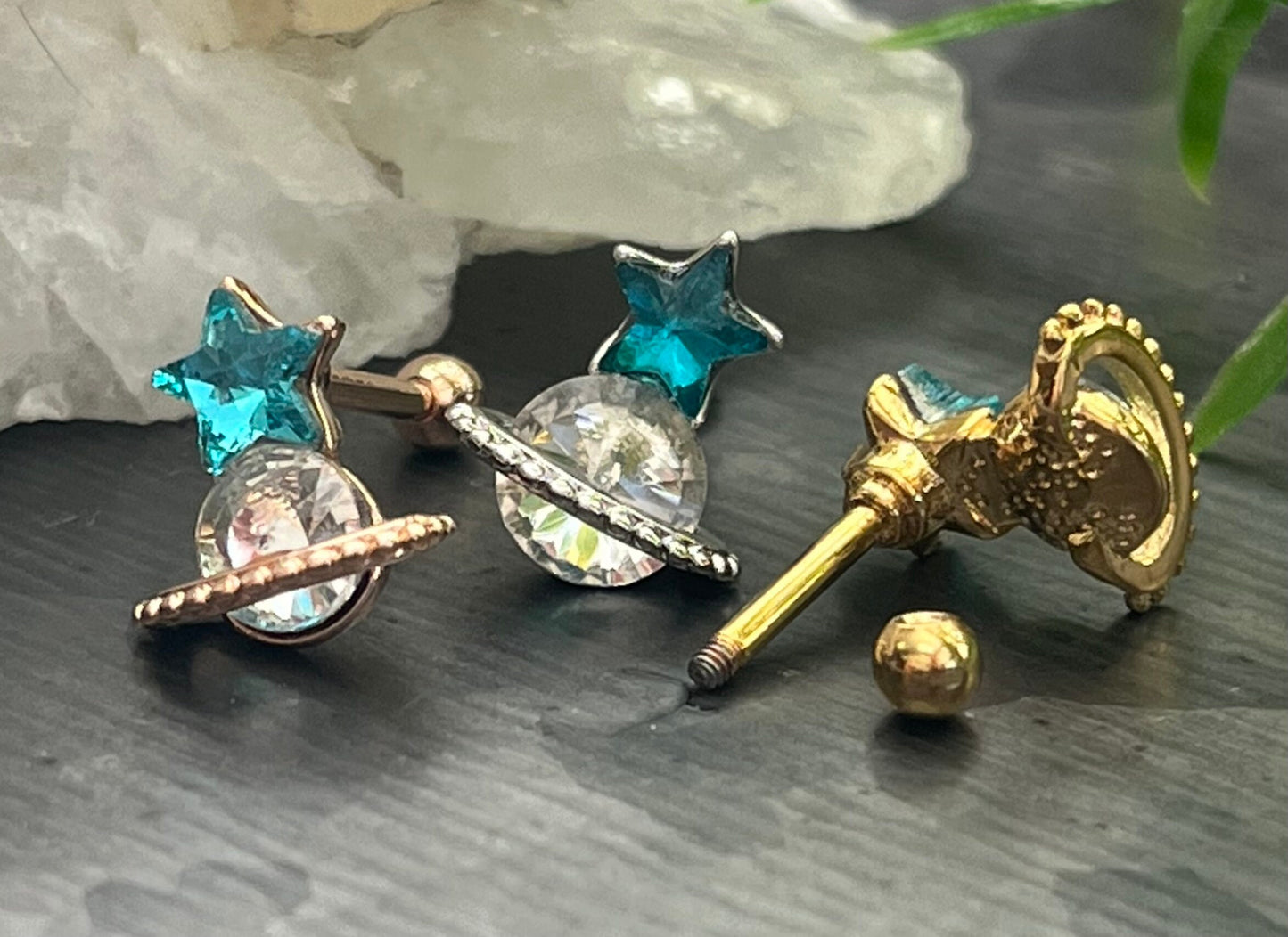 1 Piece Unique Crystal Star & Saturn Planet Tragus Barbell Stud - 16g - Wearable Diameter 1/4" (6mm) - Gold, Rose Gold and Silver Available!