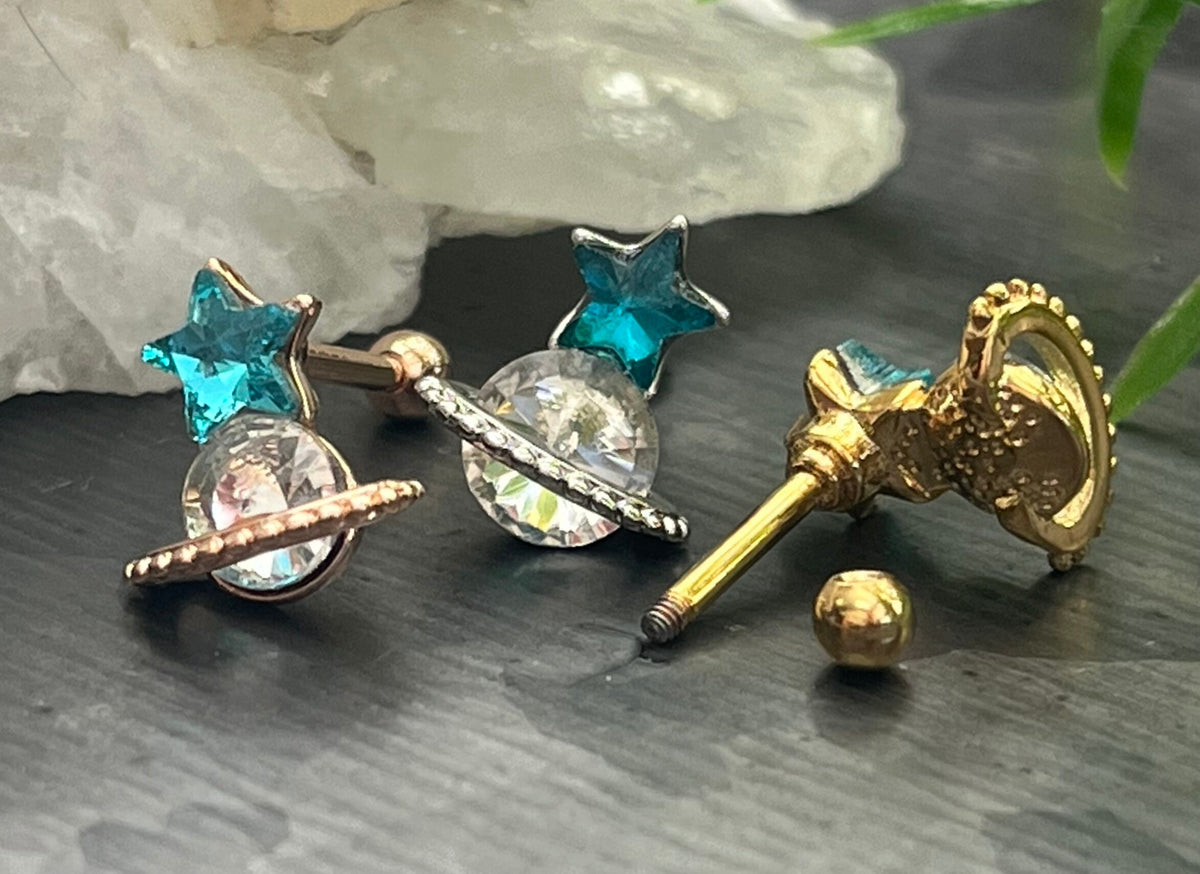 1 Piece Unique Crystal Star & Saturn Planet Tragus Barbell Stud - 16g - Wearable Diameter 1/4" (6mm) - Gold, Rose Gold and Silver Available!