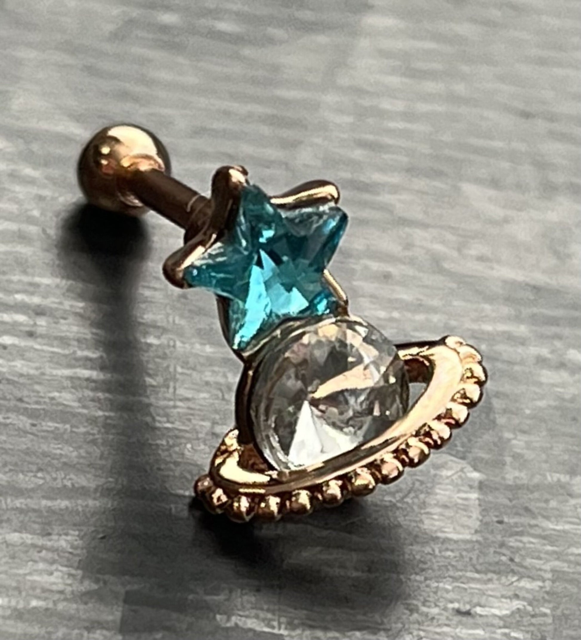 1 Piece Unique Crystal Star & Saturn Planet Tragus Barbell Stud - 16g - Wearable Diameter 1/4" (6mm) - Gold, Rose Gold and Silver Available!