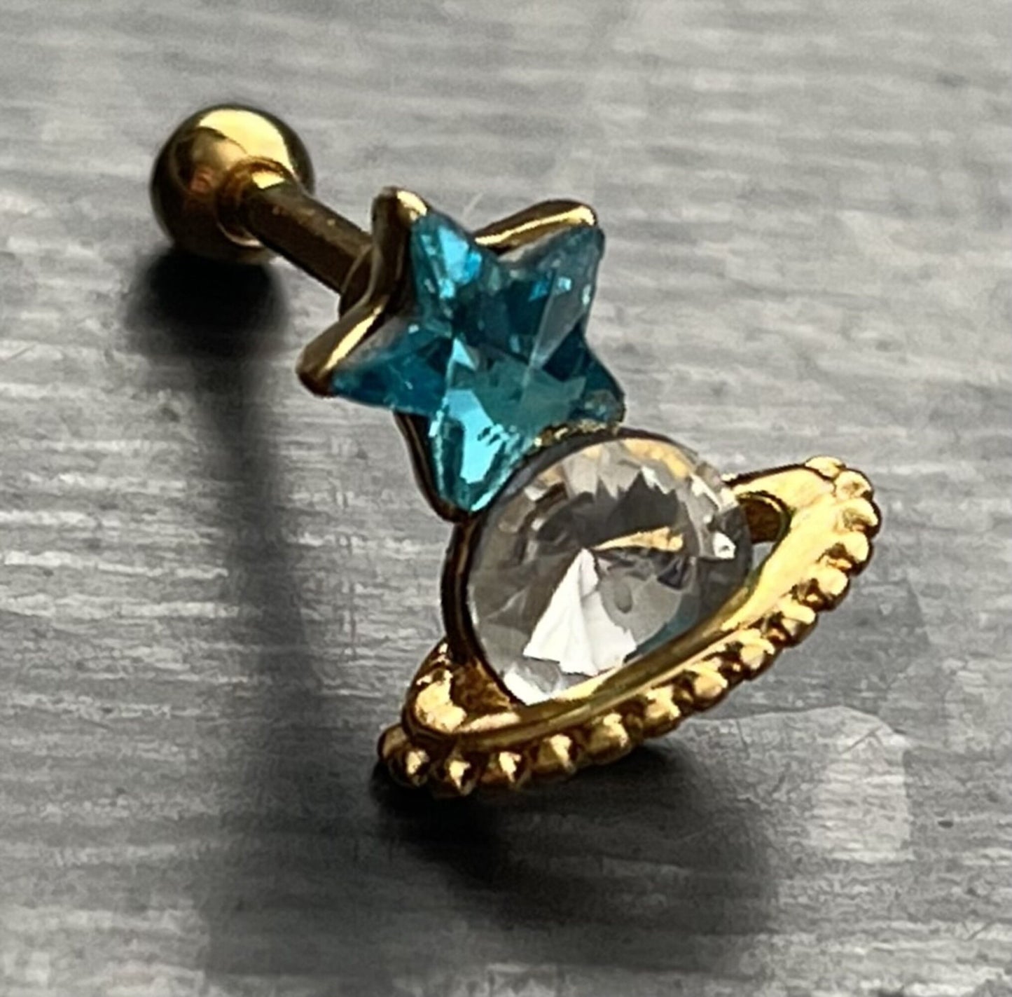 1 Piece Unique Crystal Star & Saturn Planet Tragus Barbell Stud - 16g - Wearable Diameter 1/4" (6mm) - Gold, Rose Gold and Silver Available!