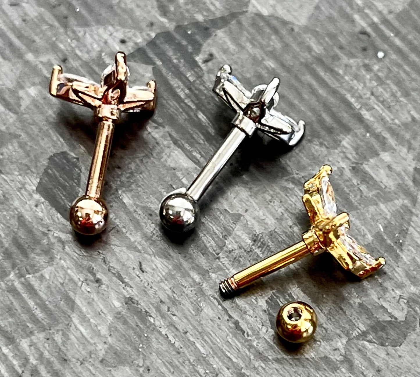 1 Piece Marquise CZ Gem Triangle Flower Tragus Barbell Stud - 16g - Wearable Diameter 1/4" (6mm) - Gold, Rose Gold and Silver Available!
