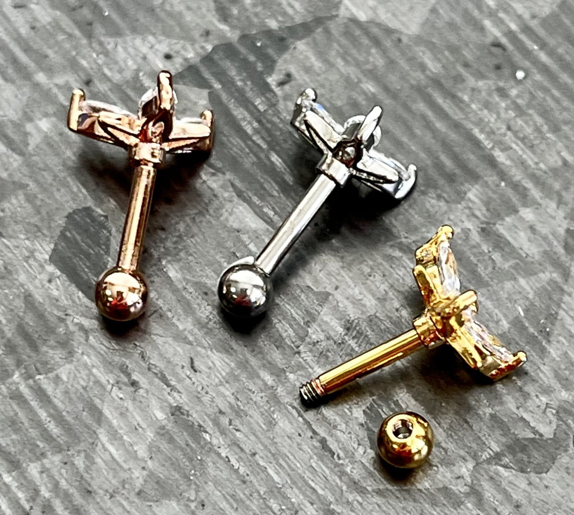 1 Piece Marquise CZ Gem Triangle Flower Tragus Barbell Stud - 16g - Wearable Diameter 1/4" (6mm) - Gold, Rose Gold and Silver Available!