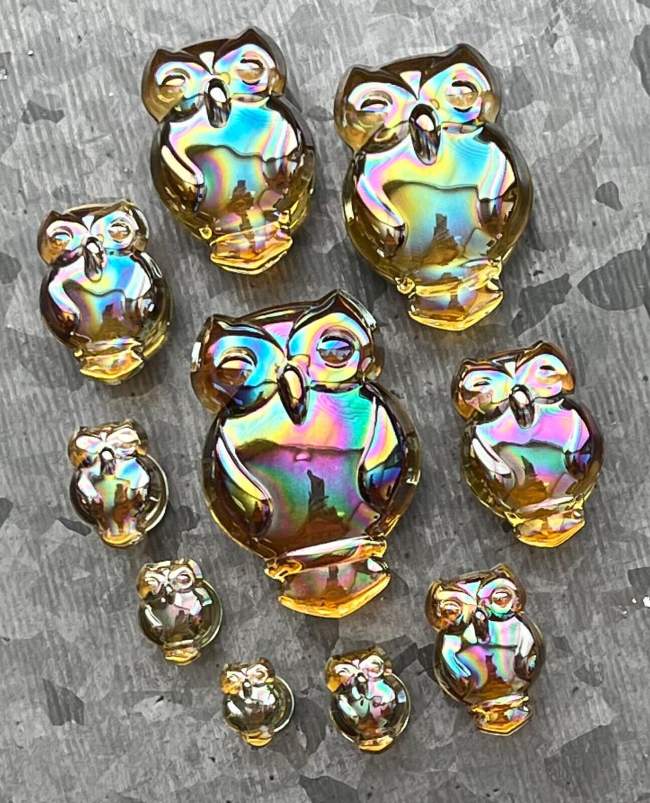 Pair of Stunning Aurora Borealis Owl Design Pyrex Glass Plugs - Gauges 2g (6mm) through 1" (25mm) - Orange or Purple Available!