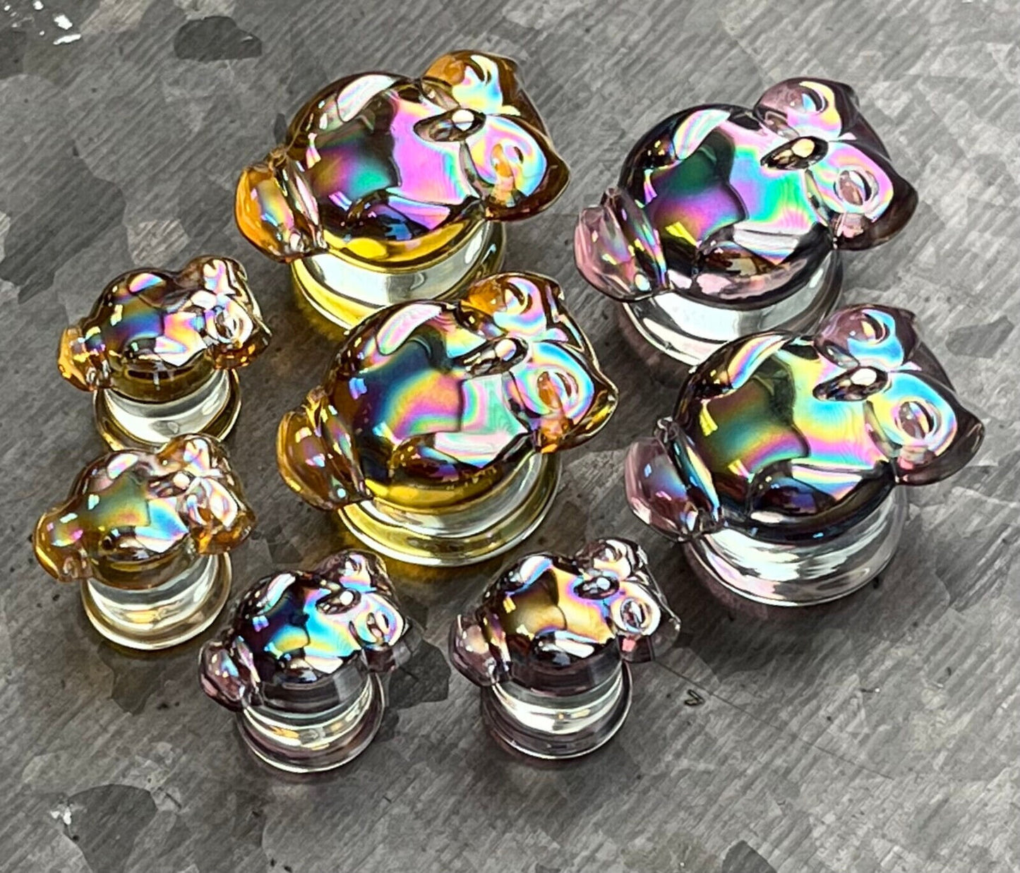 Pair of Stunning Aurora Borealis Owl Design Pyrex Glass Plugs - Gauges 2g (6mm) through 1" (25mm) - Orange or Purple Available!