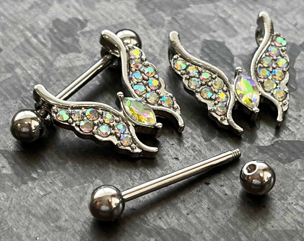 PAIR of Crystal Gem Paved Butterfly Dangle Nipple Rings- 14g - Length 14mm - Aurora Borealis, Clear, Gold, Rose Gold or Vitrial Medium!