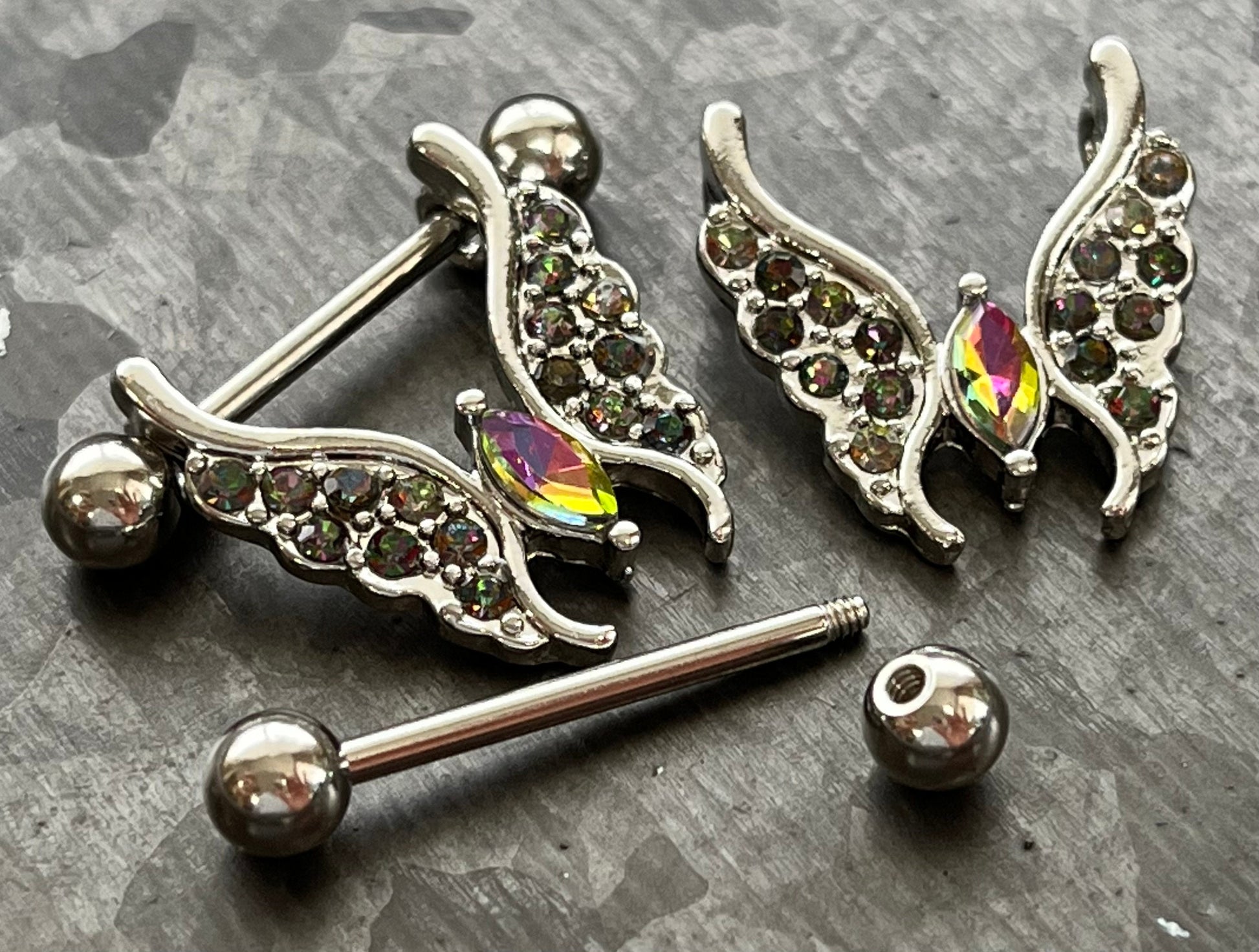 PAIR of Crystal Gem Paved Butterfly Dangle Nipple Rings- 14g - Length 14mm - Aurora Borealis, Clear, Gold, Rose Gold or Vitrial Medium!