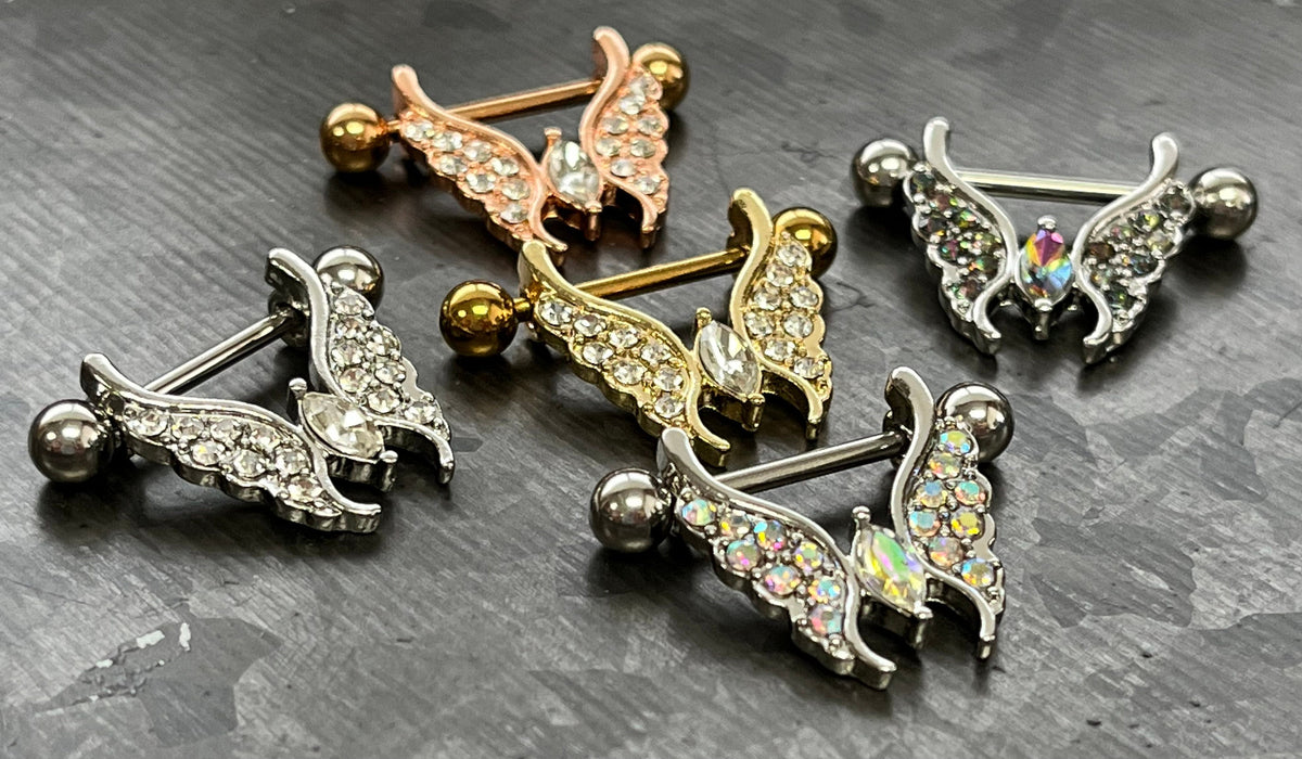 PAIR of Crystal Gem Paved Butterfly Dangle Nipple Rings- 14g - Length 14mm - Aurora Borealis, Clear, Gold, Rose Gold or Vitrial Medium!