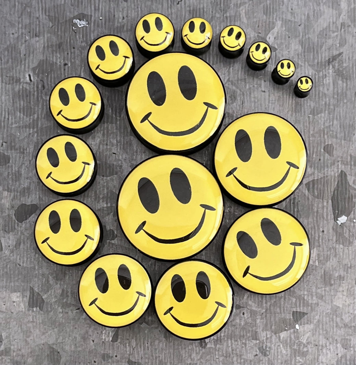 PAIR of Bright Yellow Smiley Face Logo Double Flare Acrylic Saddle Plugs - Gauges 8g (3mm) thru 1&3/16" (30mm) available!
