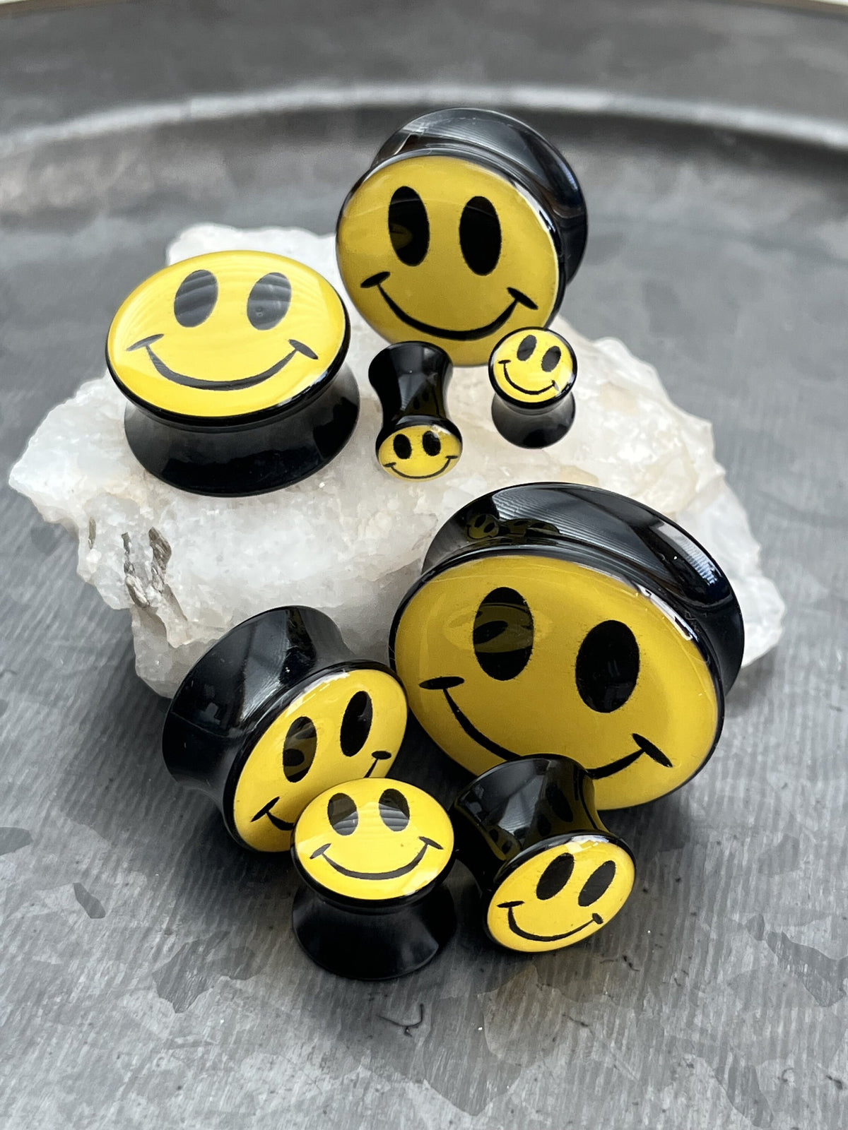 PAIR of Bright Yellow Smiley Face Logo Double Flare Acrylic Saddle Plugs - Gauges 8g (3mm) thru 1&3/16" (30mm) available!