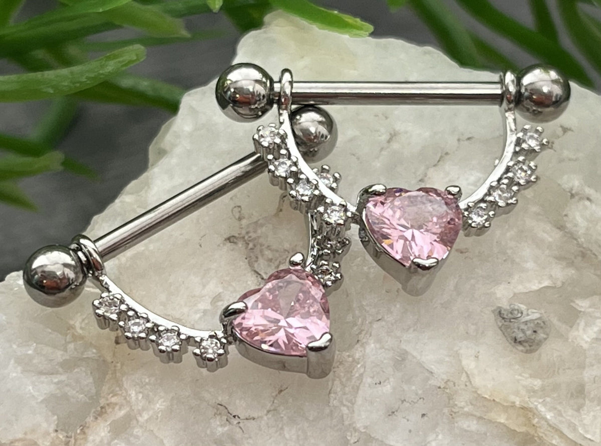 PAIR of Lined CZ Gems w/ Heart CZ Gem Steel Dangle Nipple Barbells/Shield - 14g, 12mm wearable length in Silver, Gold, Rose Gold & Pink