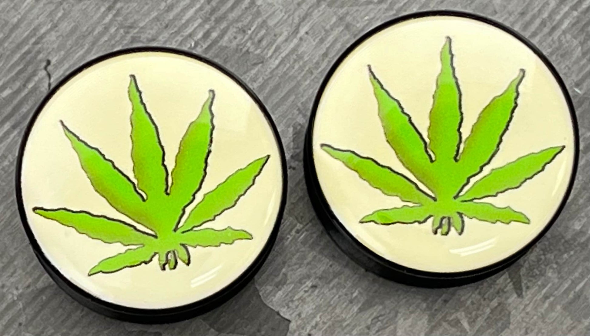 PAIR of Unique Pot Leaf / Marijuana Logo Double Flare Acrylic Saddle Plugs - Gauges 8g (3mm) thru 1&3/16" (30mm) available!