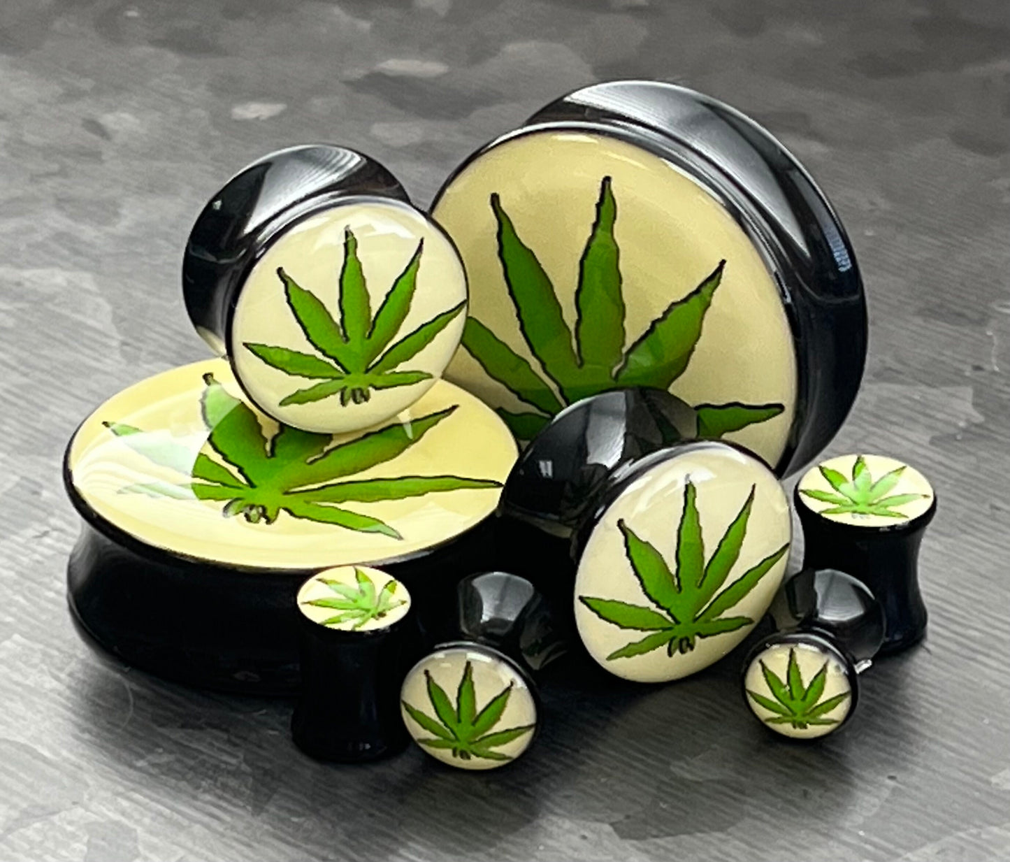 PAIR of Unique Pot Leaf / Marijuana Logo Double Flare Acrylic Saddle Plugs - Gauges 8g (3mm) thru 1&3/16" (30mm) available!