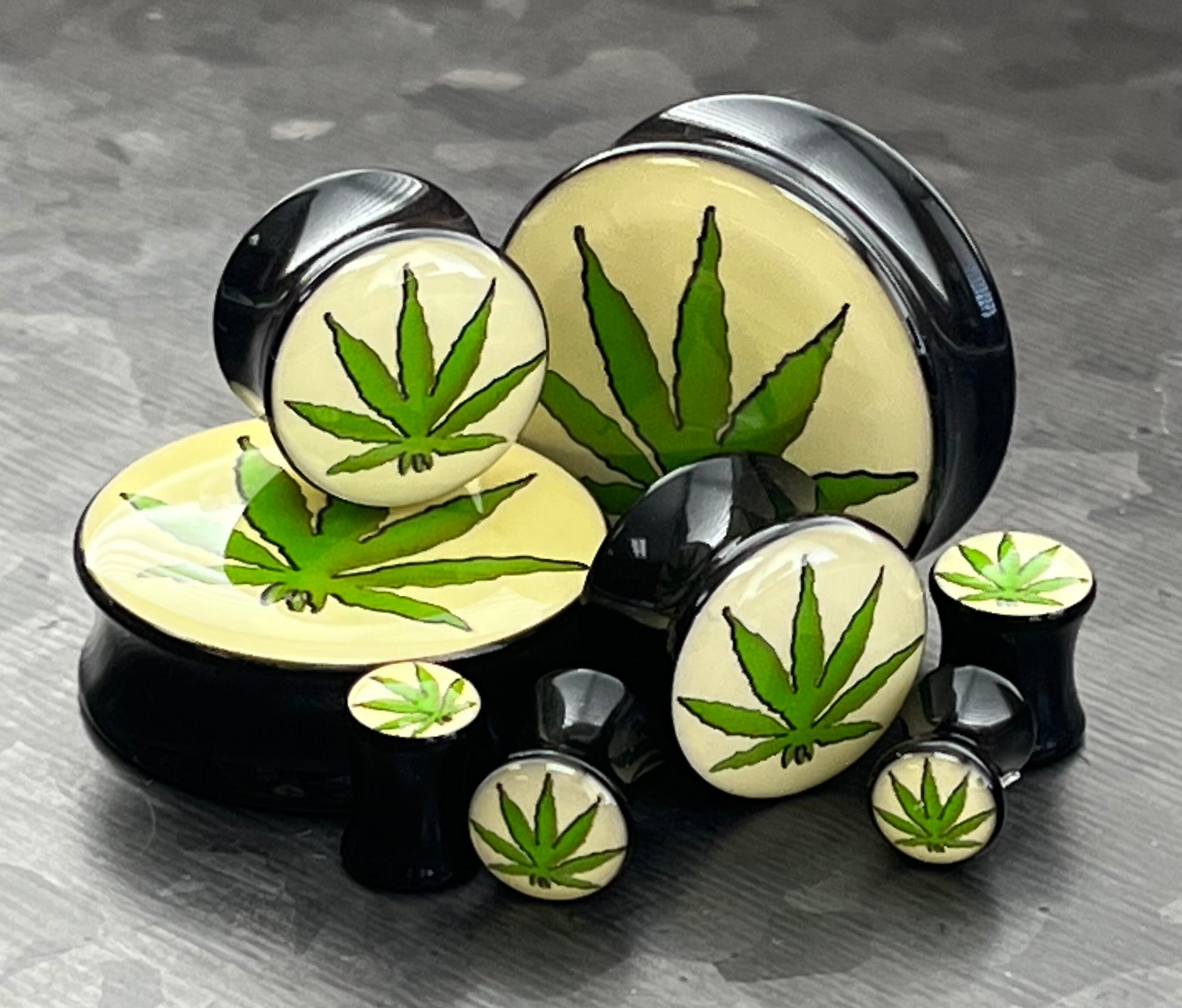 PAIR of Unique Pot Leaf / Marijuana Logo Double Flare Acrylic Saddle Plugs - Gauges 8g (3mm) thru 1&3/16" (30mm) available!