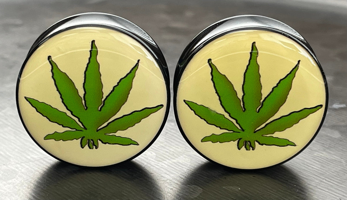 PAIR of Unique Pot Leaf / Marijuana Logo Double Flare Acrylic Saddle Plugs - Gauges 8g (3mm) thru 1&3/16" (30mm) available!