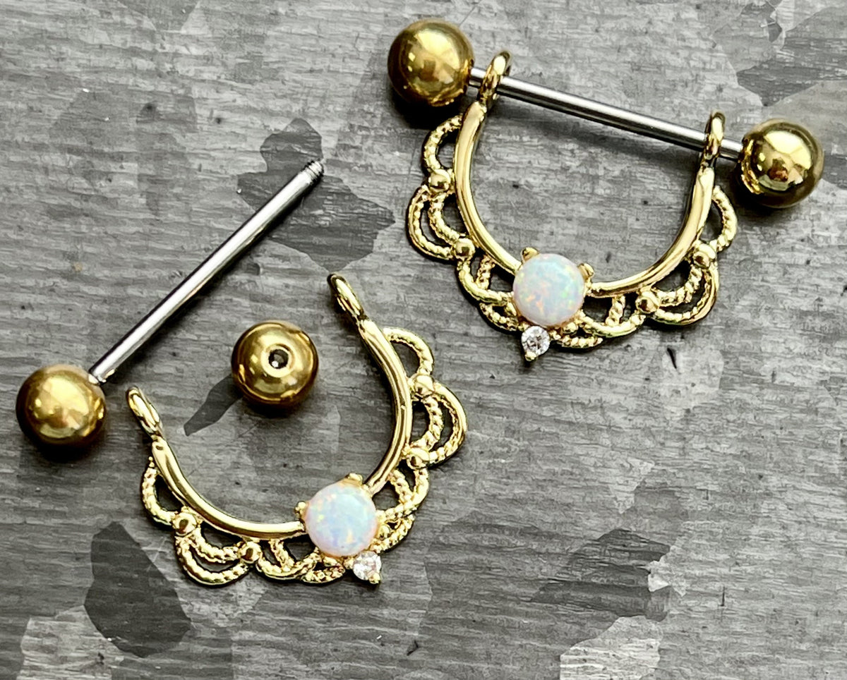 PAIR of Opal Center Filigree Drop Steel Nipple Barbells/Shields/Rings -16g or 14g, 12mm wearable length in Silver, Gold & Rose Gold!