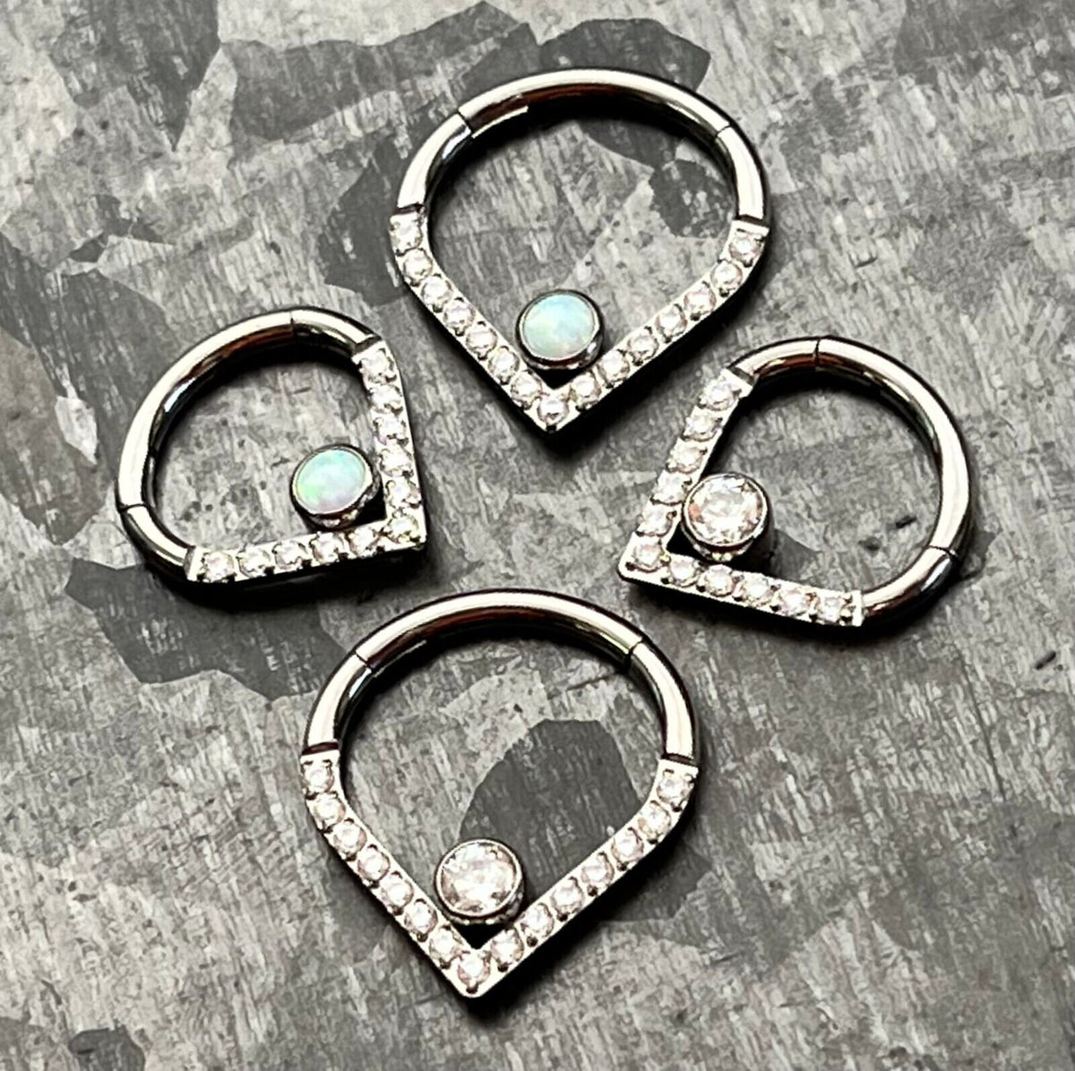 1pc Implant Grade Titanium Opal or CZ Gem Chevron Hinged Segment Septum Ring - Gauge 16g, Diameter 10mm or 8mm available!