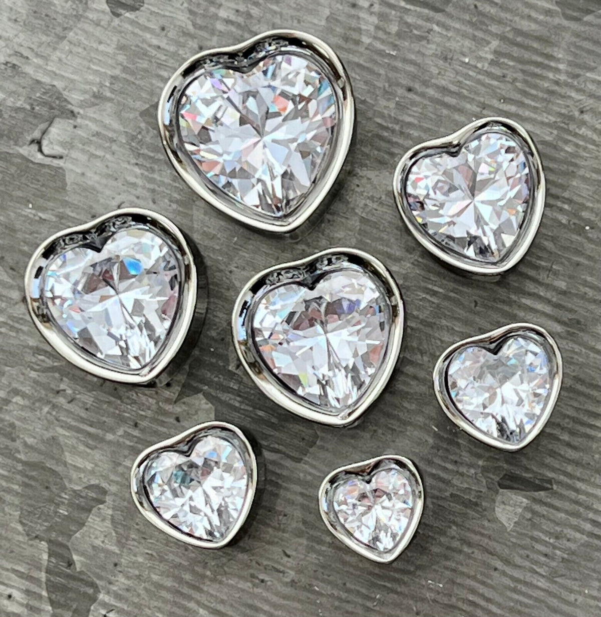 PAIR of Heart CZ Gem Double Flare Saddle Tunnels/Plugs - Clear/Silver & Vitrail Medium/Black - Gauges 0g (8mm) thru 5/8" (16mm) available!