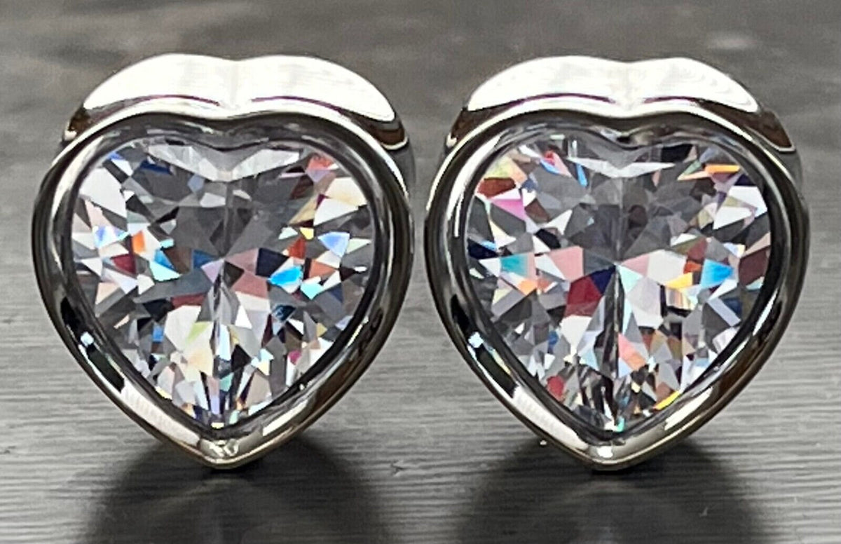 PAIR of Heart CZ Gem Double Flare Saddle Tunnels/Plugs - Clear/Silver & Vitrail Medium/Black - Gauges 0g (8mm) thru 5/8" (16mm) available!