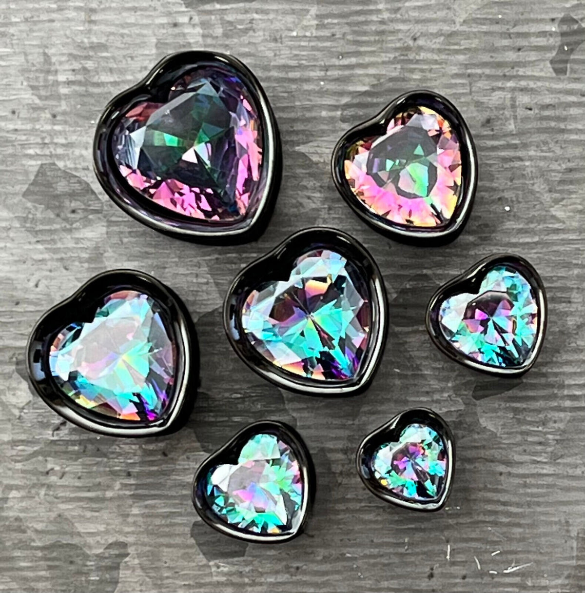 PAIR of Heart CZ Gem Double Flare Saddle Tunnels/Plugs - Clear/Silver & Vitrail Medium/Black - Gauges 0g (8mm) thru 5/8" (16mm) available!