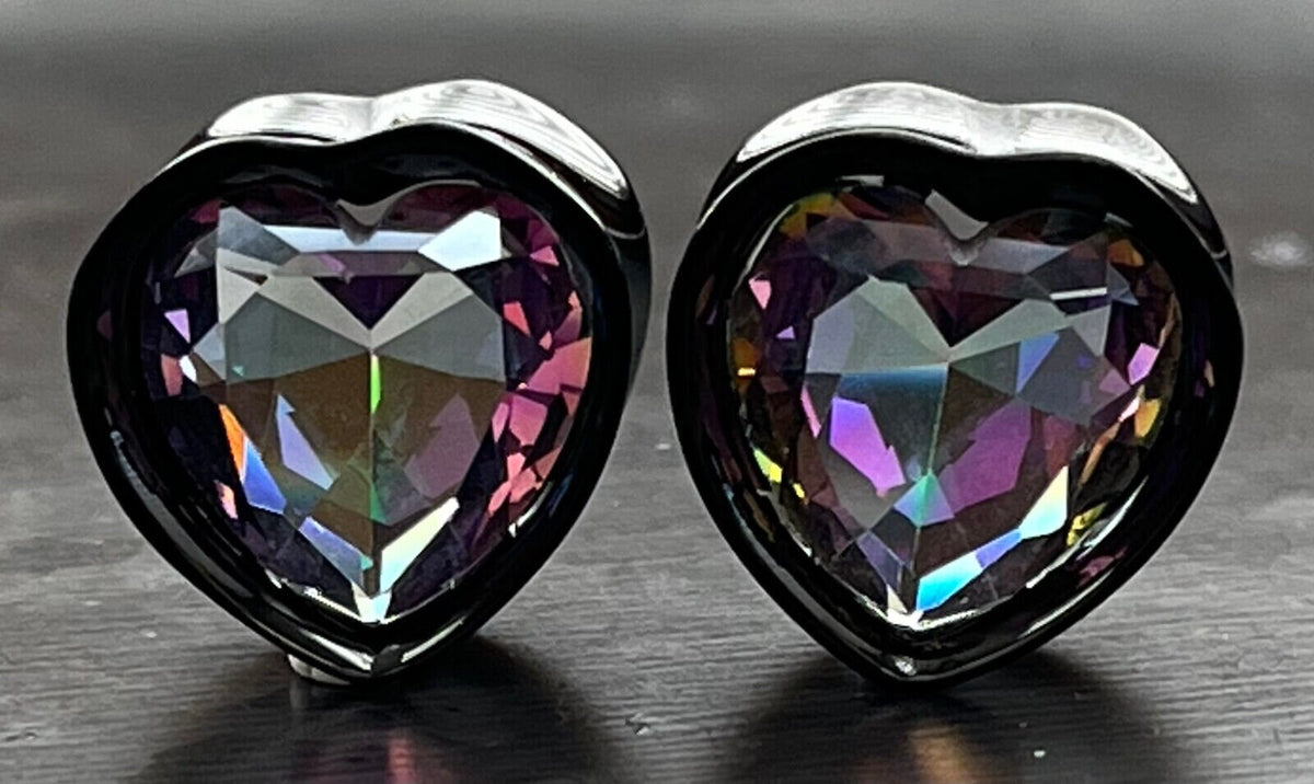 PAIR of Heart CZ Gem Double Flare Saddle Tunnels/Plugs - Clear/Silver & Vitrail Medium/Black - Gauges 0g (8mm) thru 5/8" (16mm) available!