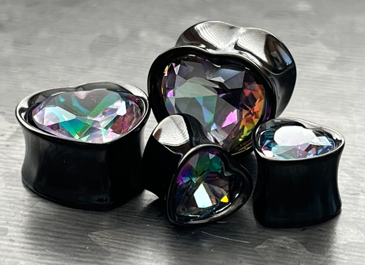 PAIR of Heart CZ Gem Double Flare Saddle Tunnels/Plugs - Clear/Silver & Vitrail Medium/Black - Gauges 0g (8mm) thru 5/8" (16mm) available!