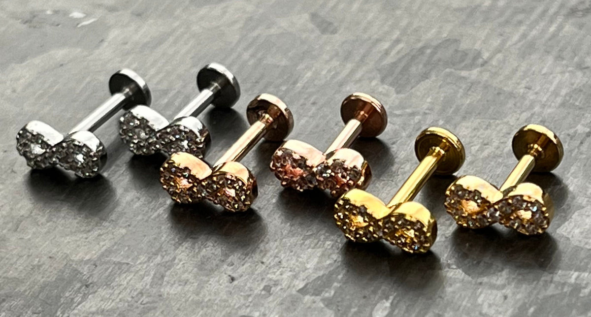 1 Piece CZ Infinity Symbol Labret Internally Threaded Monroe Stud -16g- Wearable Diameter 6mm or 8mm - Gold, Rose Gold and Silver Available!