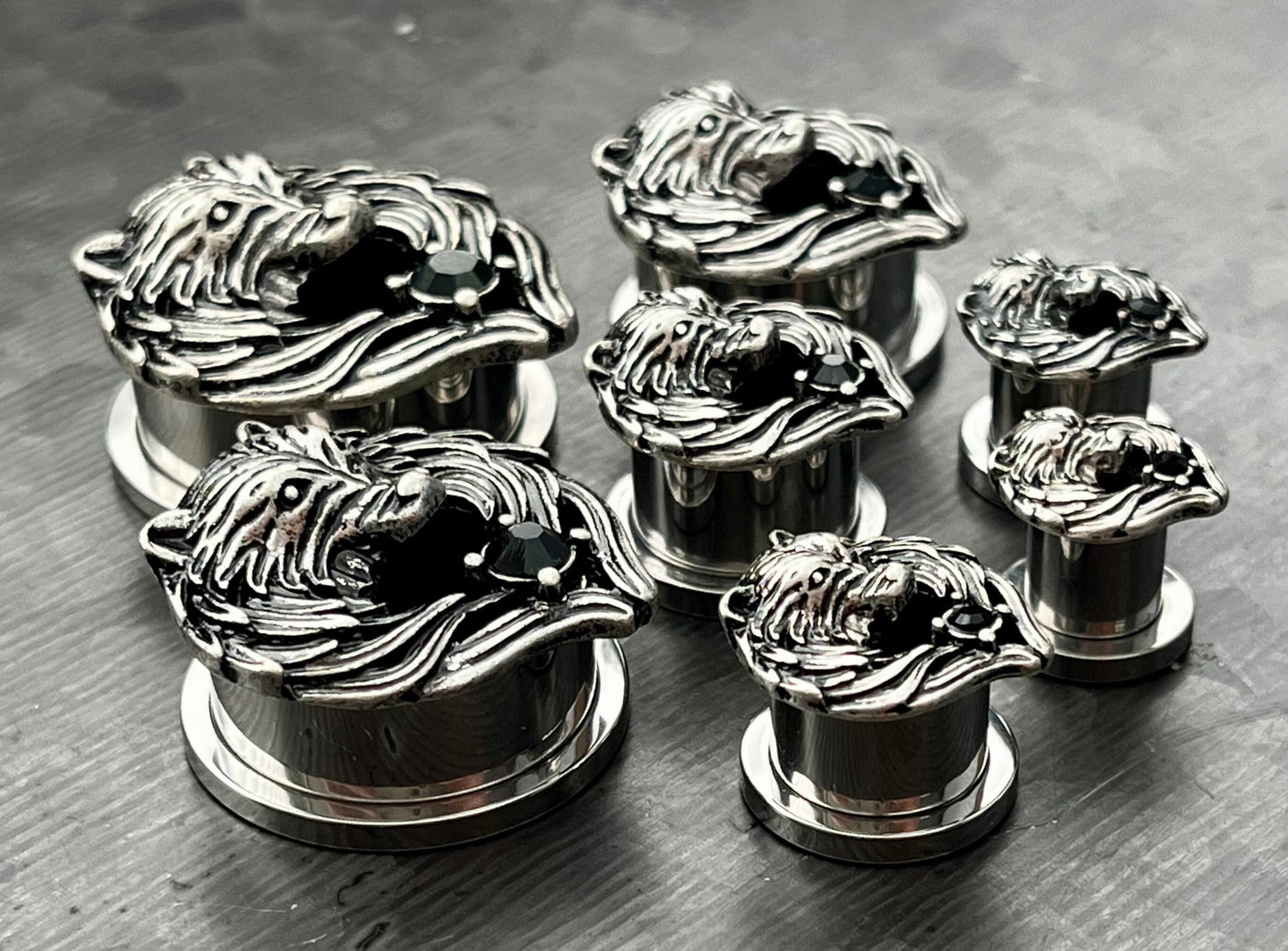PAIR of Unique Angel Wing Wolf Face Screw Fit Steel with a Black Gem Tunnels/Plugs - Gauges 2g (8mm) thru 1" (25mm) Available!
