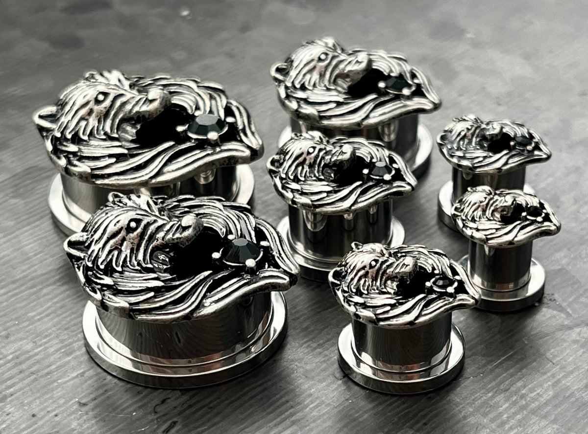 PAIR of Unique Angel Wing Wolf Face Screw Fit Steel with a Black Gem Tunnels/Plugs - Gauges 2g (8mm) thru 1" (25mm) Available!