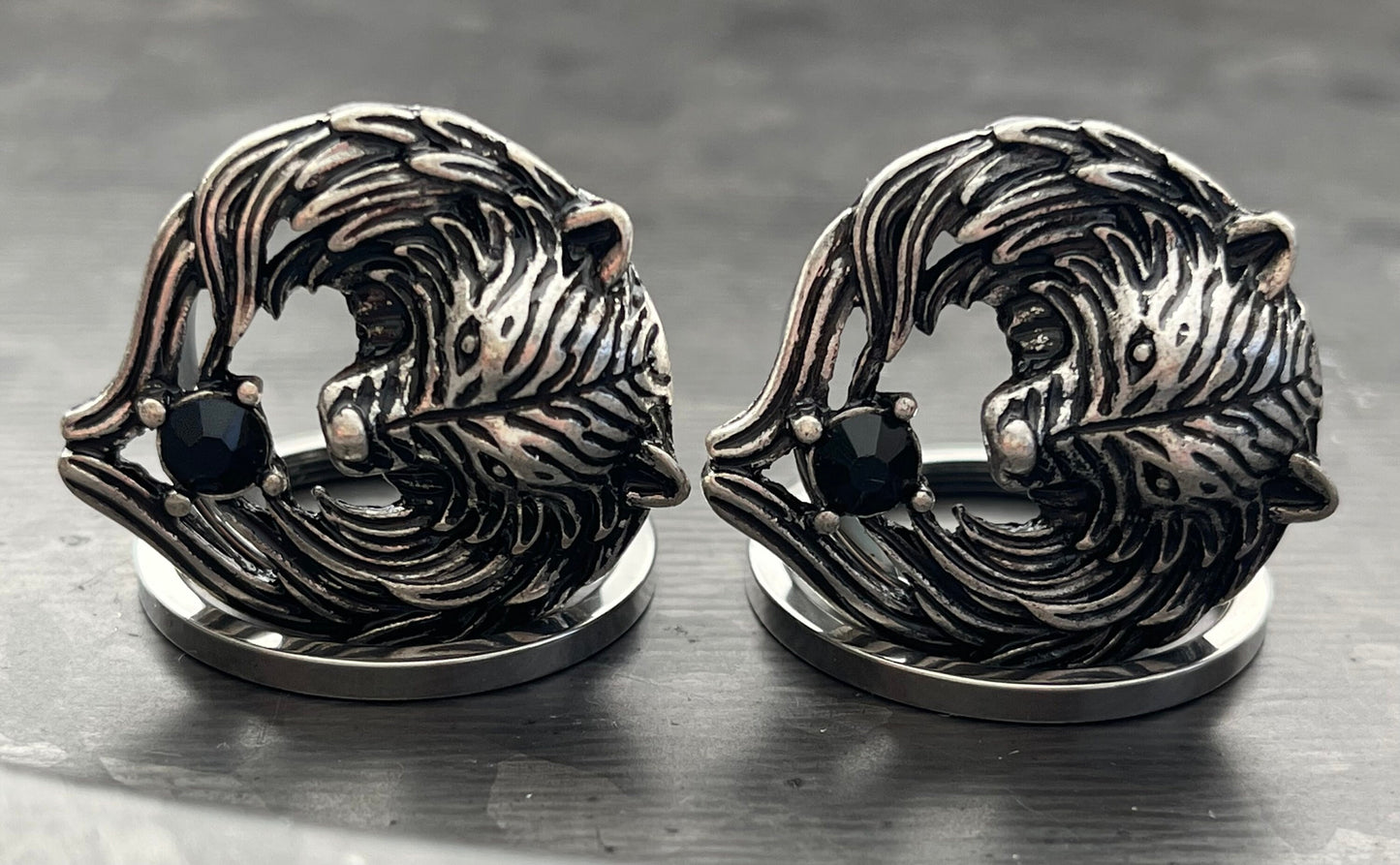PAIR of Unique Angel Wing Wolf Face Screw Fit Steel with a Black Gem Tunnels/Plugs - Gauges 2g (8mm) thru 1" (25mm) Available!
