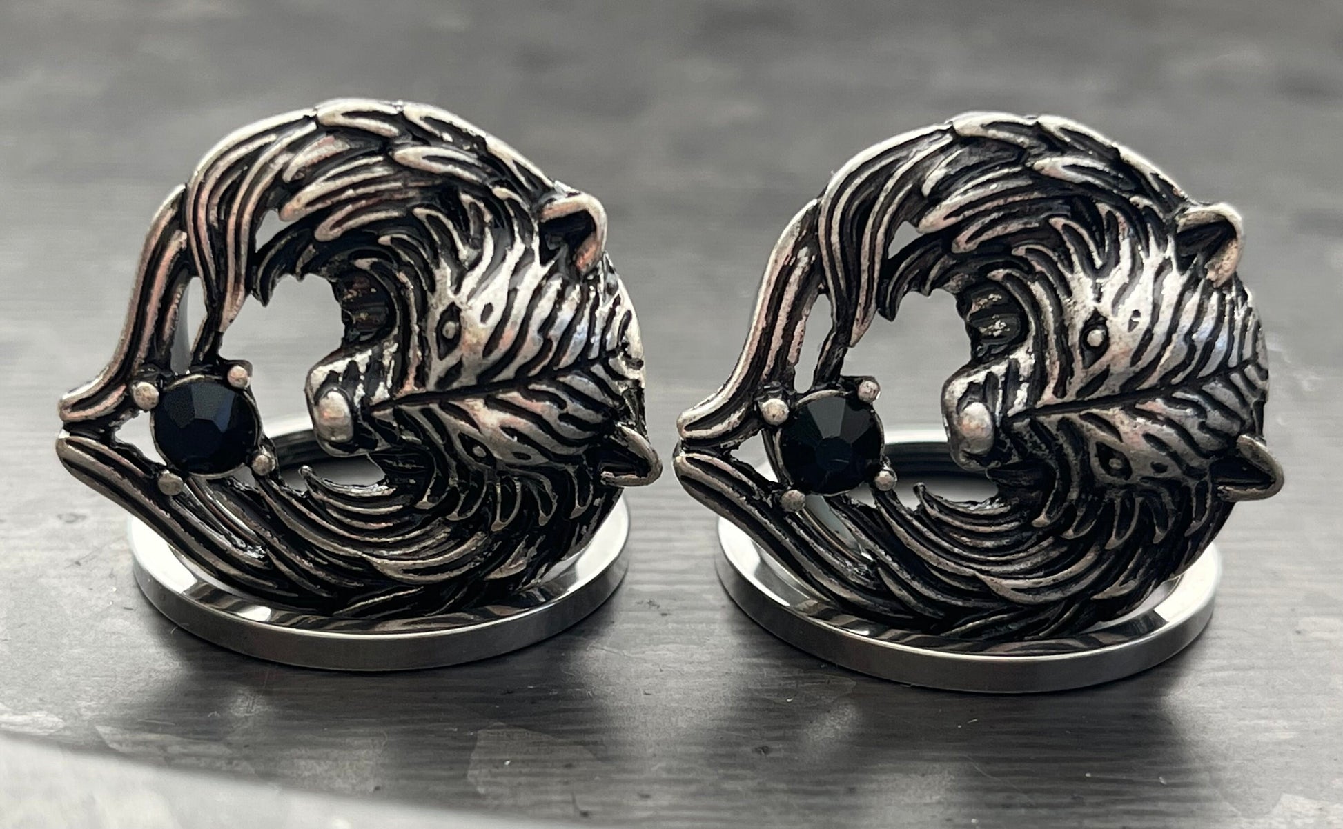 PAIR of Unique Angel Wing Wolf Face Screw Fit Steel with a Black Gem Tunnels/Plugs - Gauges 2g (8mm) thru 1" (25mm) Available!