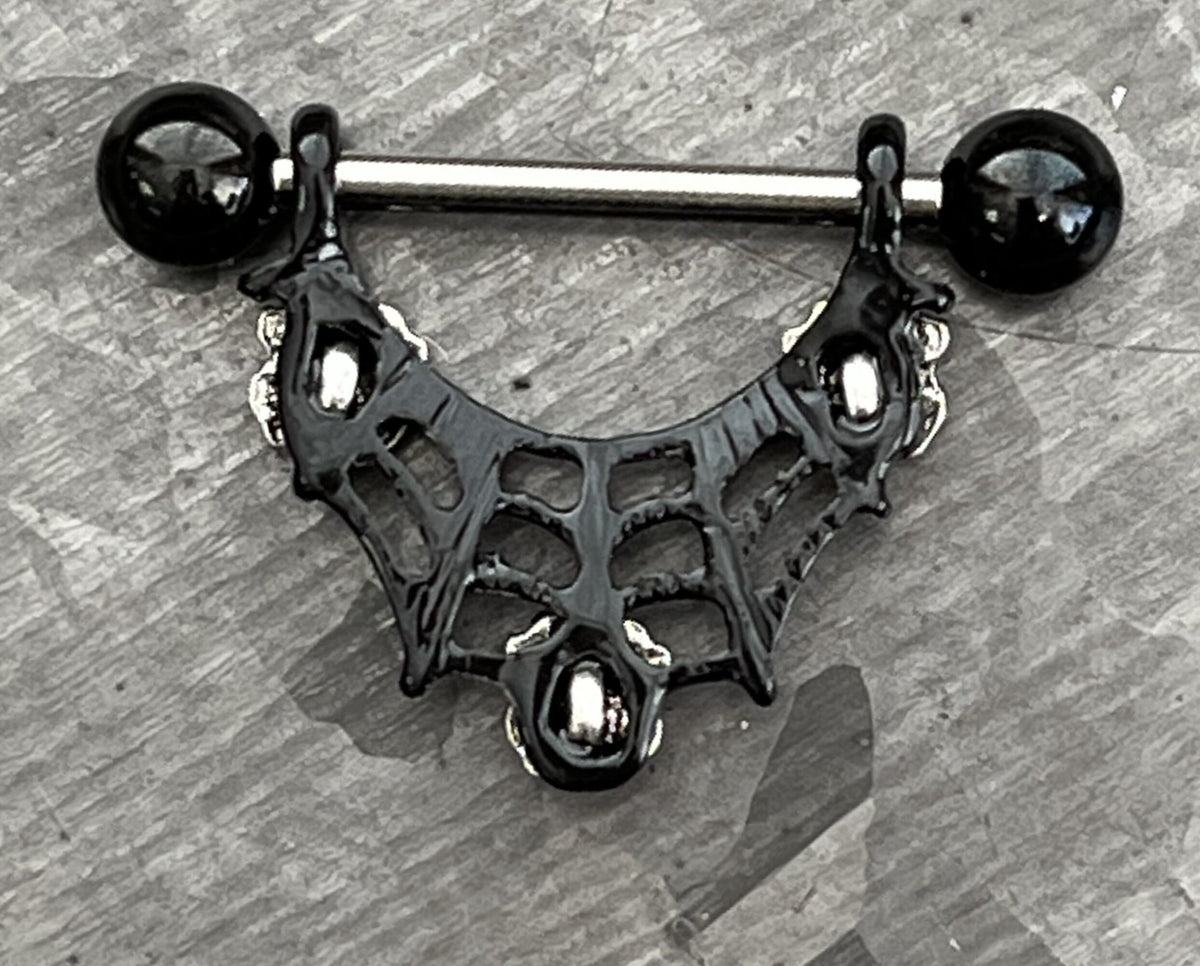PAIR of Unique Three Spiders in Black Web Nipple Shield/Barbell/Ring - Barbell 14g, Length 27.5mm - Wearable length 12mm (1/2")!
