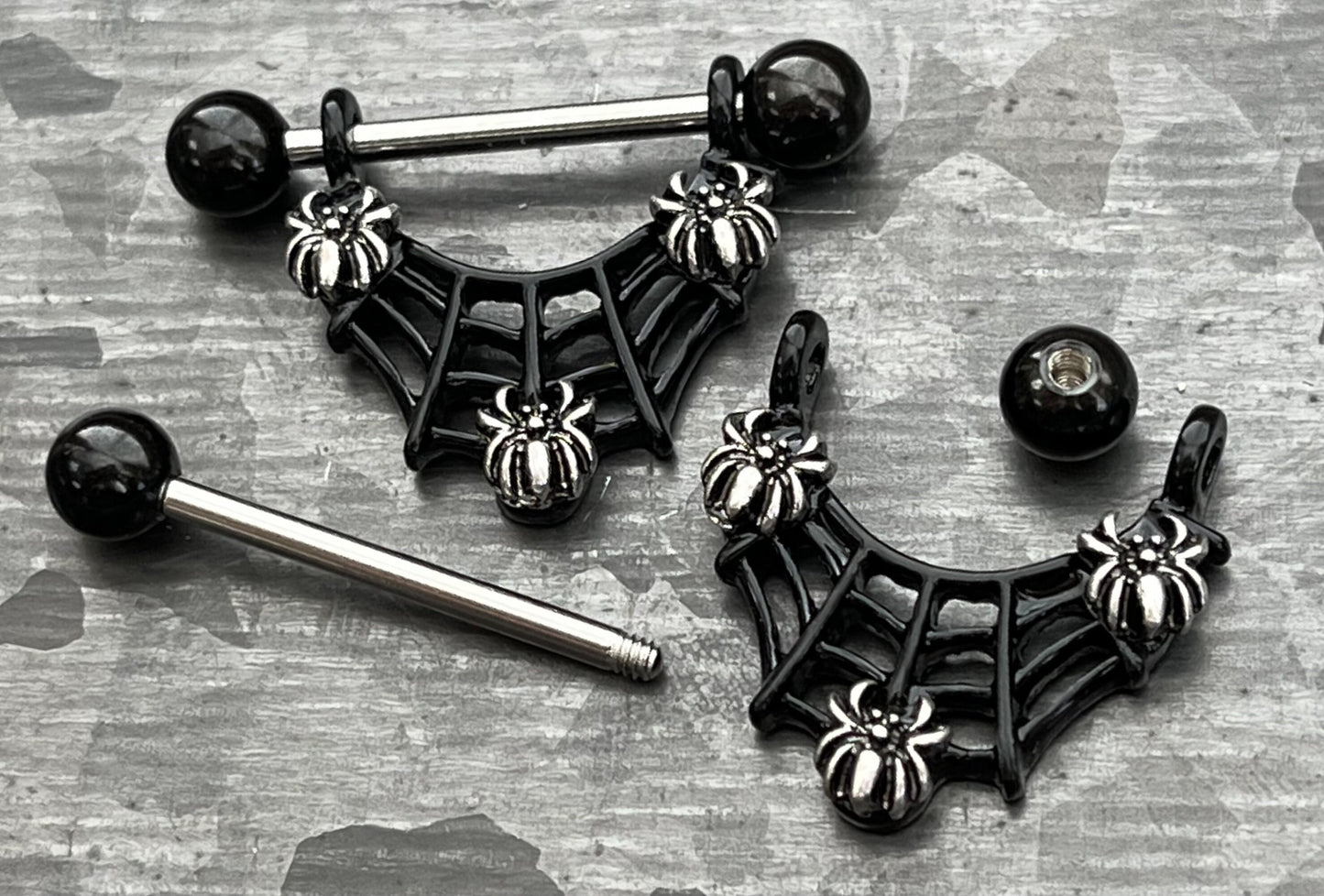 PAIR of Unique Three Spiders in Black Web Nipple Shield/Barbell/Ring - Barbell 14g, Length 27.5mm - Wearable length 12mm (1/2")!