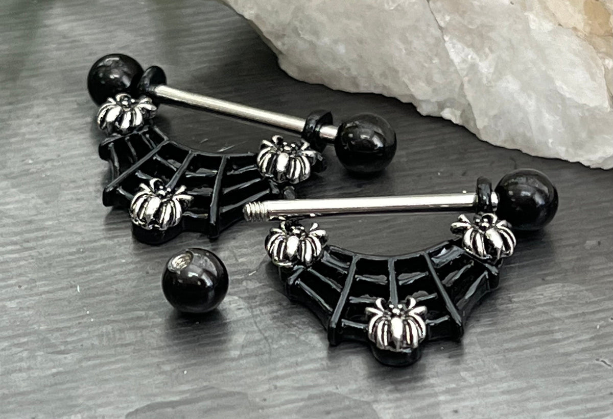PAIR of Unique Three Spiders in Black Web Nipple Shield/Barbell/Ring - Barbell 14g, Length 27.5mm - Wearable length 12mm (1/2")!