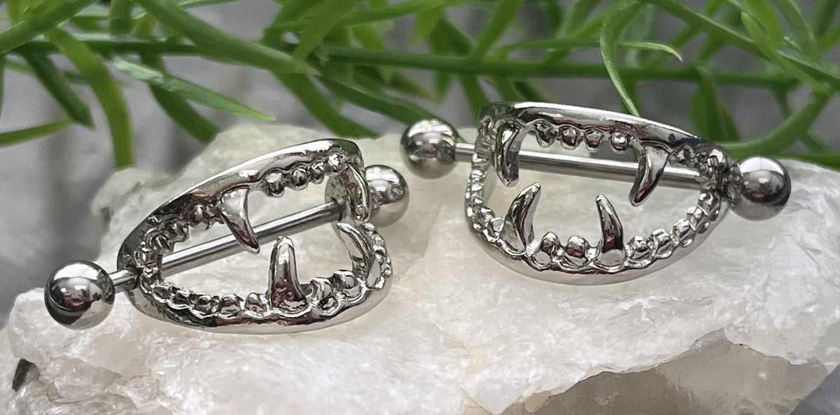 PAIR of Unique Vampire Fangs Nipple Shields Barbell Rings - 14g - Wearable Length 22mm (7/8") & Between Fangs Length - 18mm (11/16")!