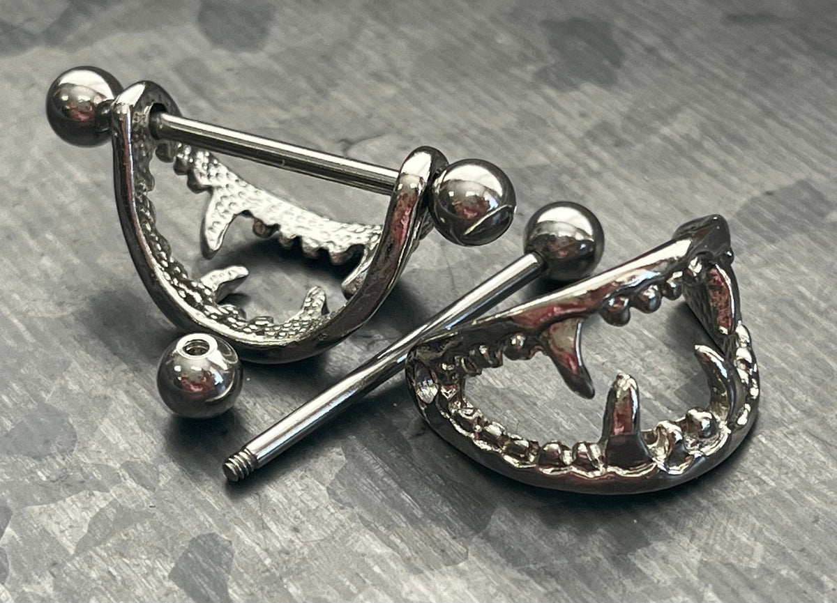PAIR of Unique Vampire Fangs Nipple Shields Barbell Rings - 14g - Wearable Length 22mm (7/8") & Between Fangs Length - 18mm (11/16")!