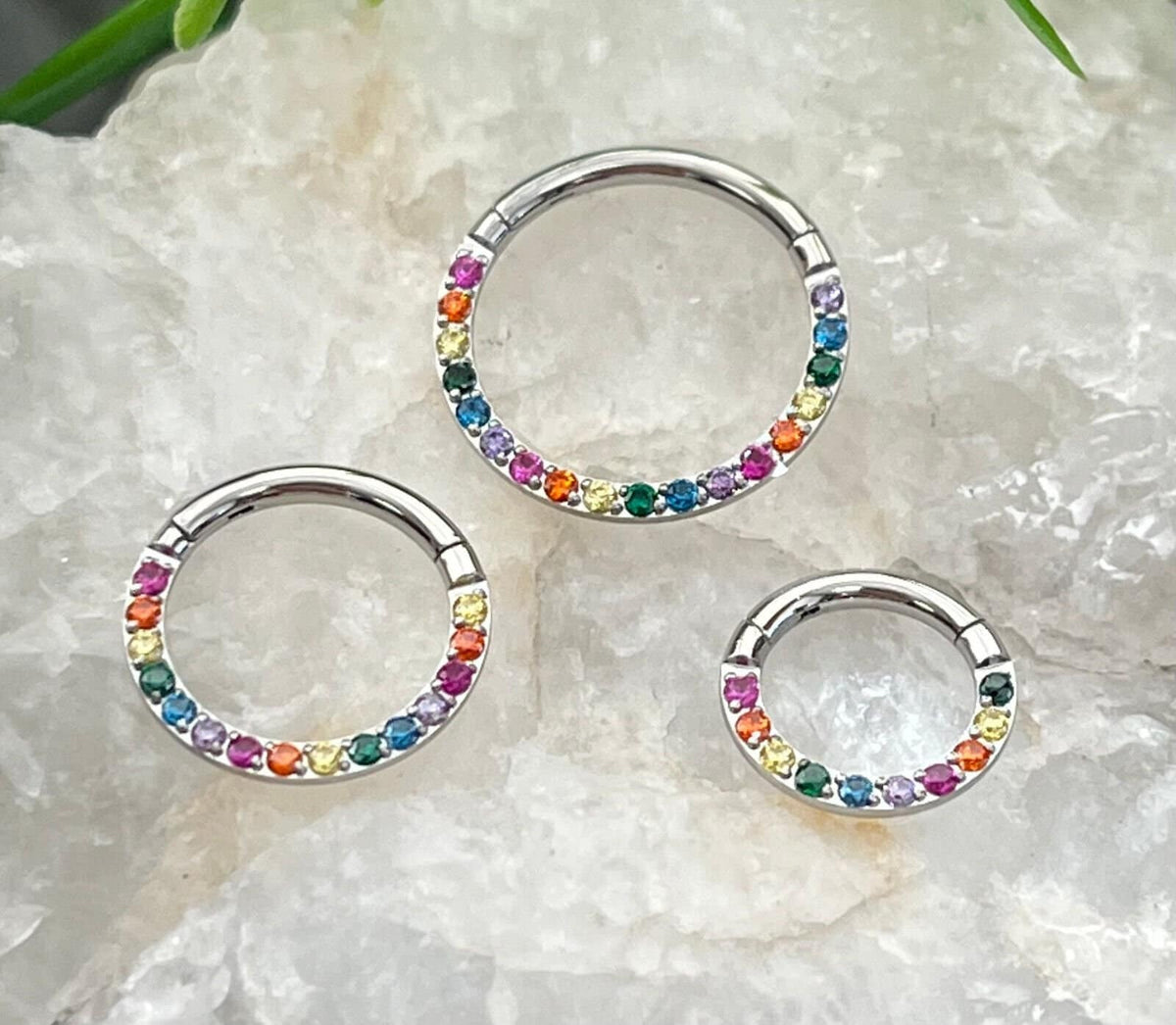1 Piece Stunning Rainbow CZ Prong Set Front Hinged Segment Septum Ring - 16g - Internal Diameter 6mm, 8mm or 10mm available!