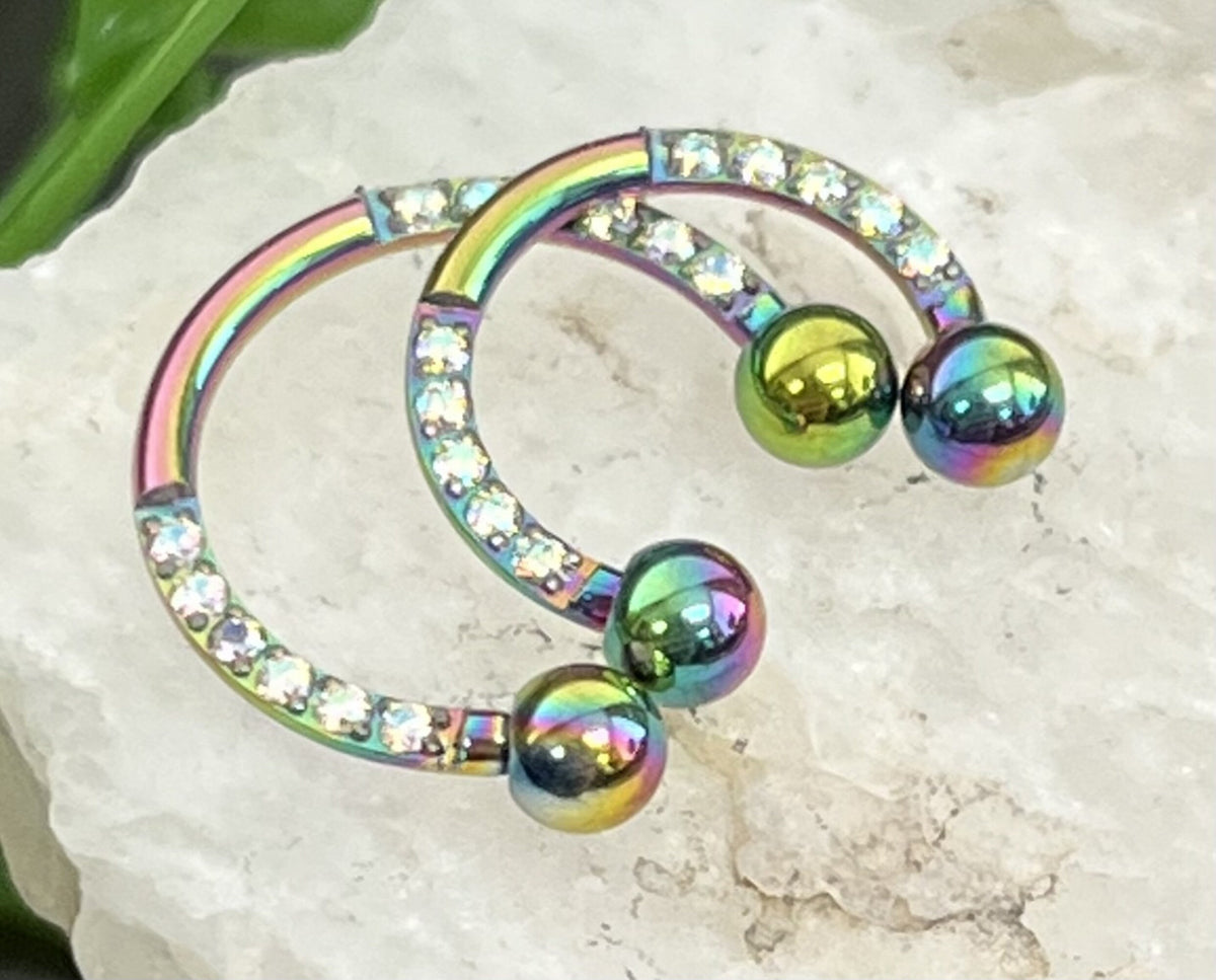 1 Piece Unique Titanium CZ Gem Sides Circular Barbell Horseshoe - 16g - 8 or 10mm- Black, Gold, Multi-Color, Rose Gold and Silver Available!