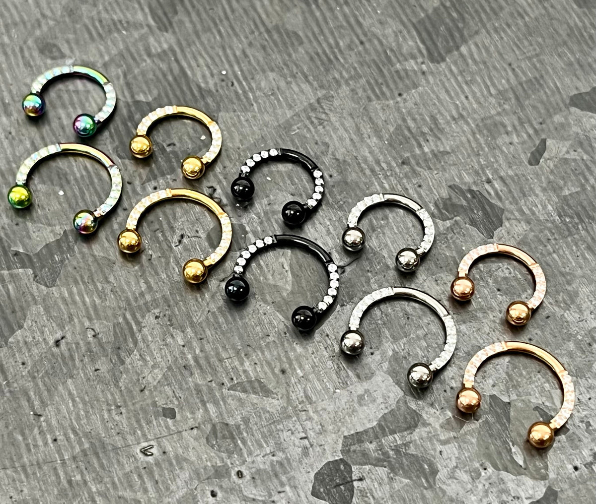 1 Piece Unique Titanium CZ Gem Sides Circular Barbell Horseshoe - 16g - 8 or 10mm- Black, Gold, Multi-Color, Rose Gold and Silver Available!