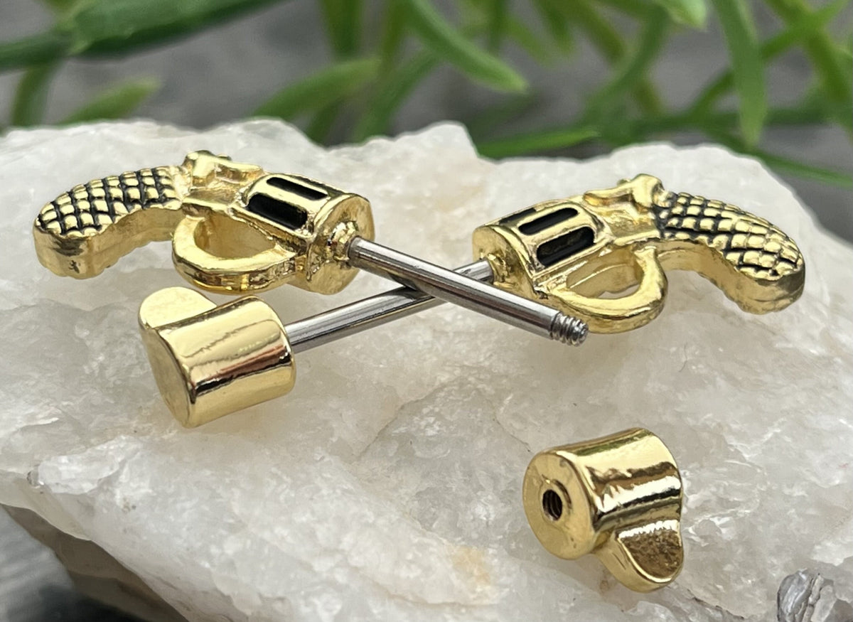 PAIR of Striking Revolver Pistol Gun Shaped Nipple Barbells/Rings - 14g - Wearable Length - 12mm - Black, Gold and Silver Available!