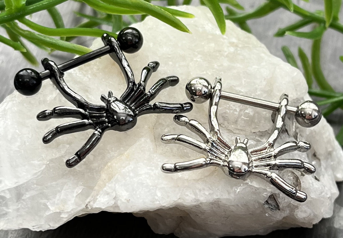 PAIR of Spooky Hanging Spider Steel Nipple Barbell/Shield/Rings - 14g - Wearable Length - Black & Silver Available!