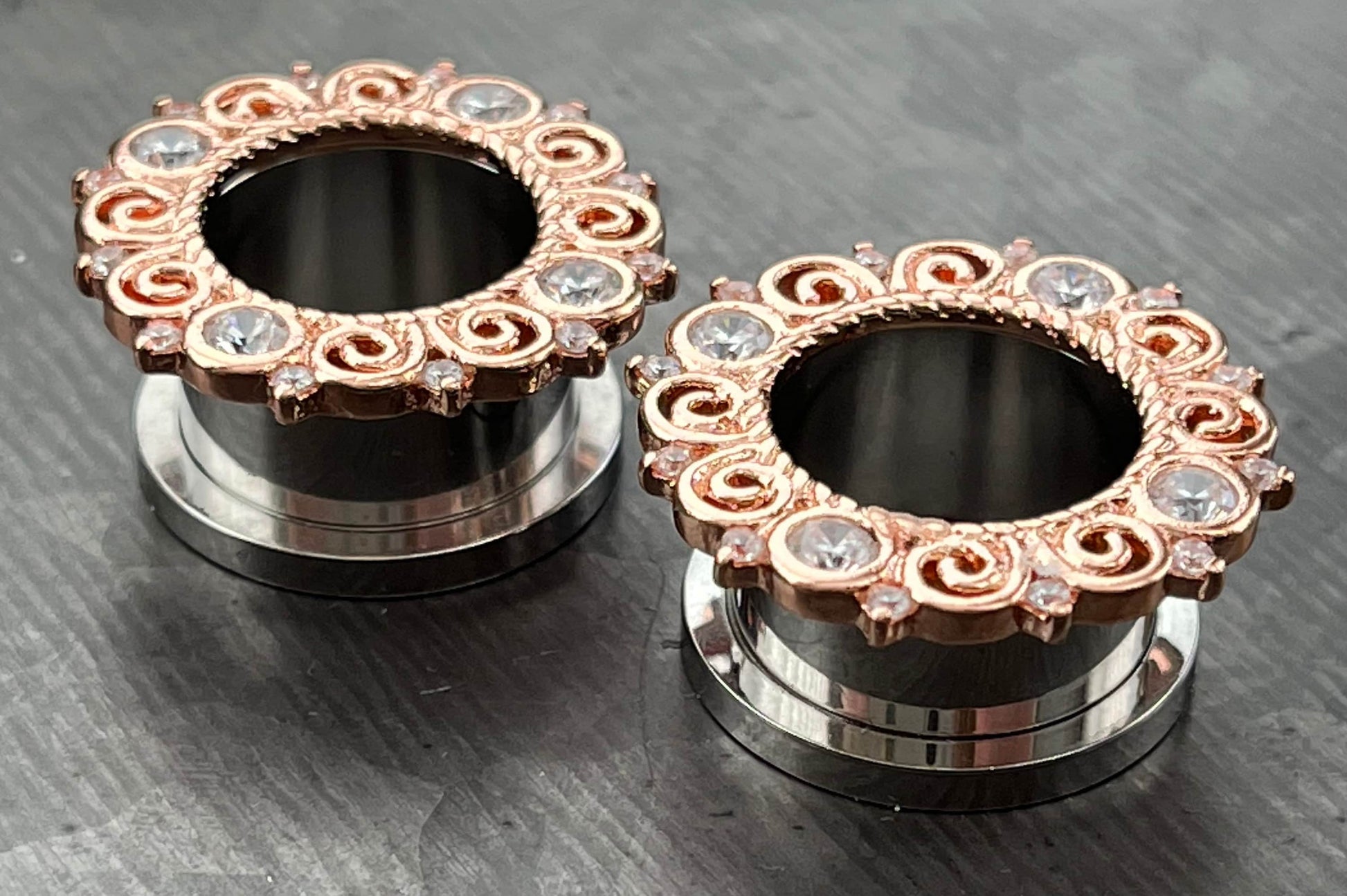 PAIR of Stunning Rose Gold CZ Gem Filigree Screw Fit Tunnels/Plugs - Gauges 2g (6mm) thru 5/8" (16mm) Available!