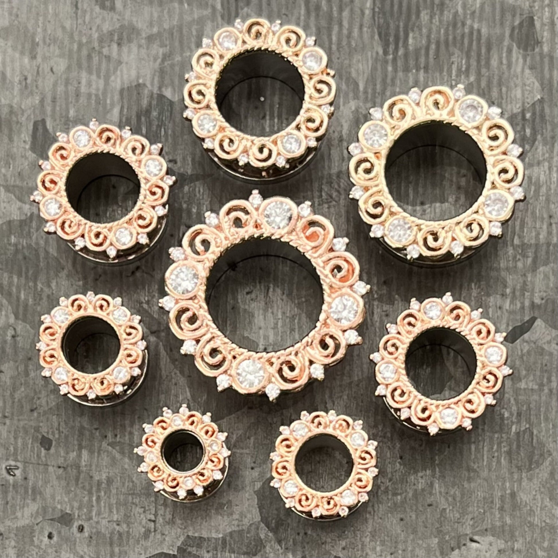 PAIR of Stunning Rose Gold CZ Gem Filigree Screw Fit Tunnels/Plugs - Gauges 2g (6mm) thru 5/8" (16mm) Available!