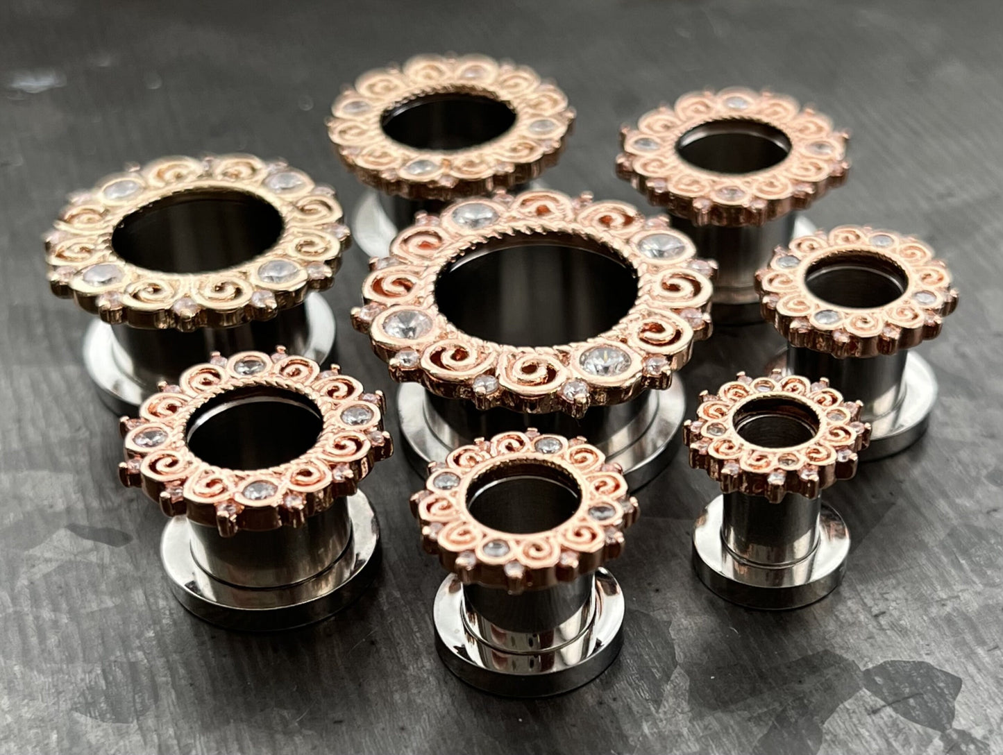 PAIR of Stunning Rose Gold CZ Gem Filigree Screw Fit Tunnels/Plugs - Gauges 2g (6mm) thru 5/8" (16mm) Available!