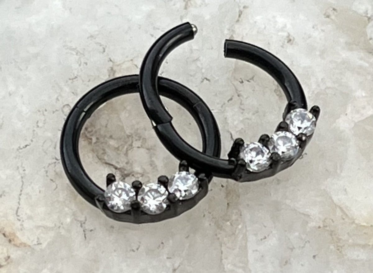 1 Piece Unique Three CZ Gem Stainless Steel Hinged Segment Septum Ring - 16g, 8mm - Steel, Black, Gold, Rose Gold, and Rainbow available!