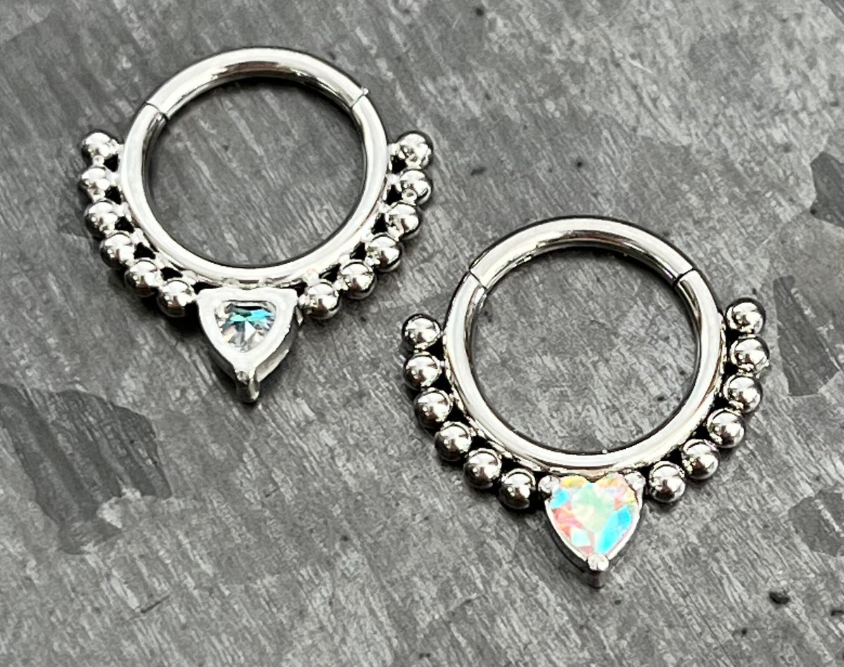 1 Piece of Stunning CZ Gem Heart Lined with Steel Balls Hinged Segment Septum Ring - 16g, 8mm - Aurora Borealis, Clear & Pink Available!