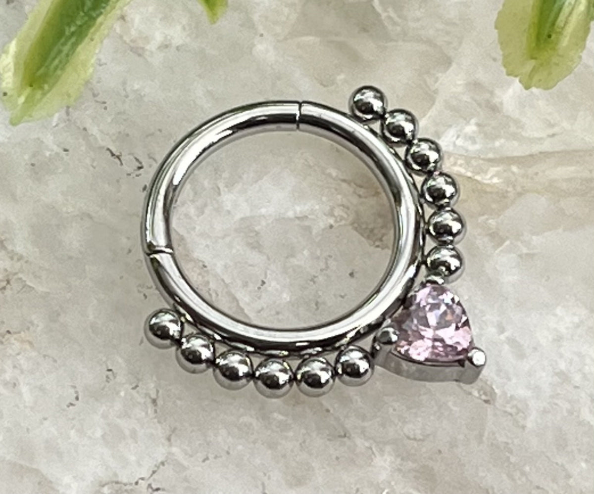 1 Piece of Stunning CZ Gem Heart Lined with Steel Balls Hinged Segment Septum Ring - 16g, 8mm - Aurora Borealis, Clear & Pink Available!