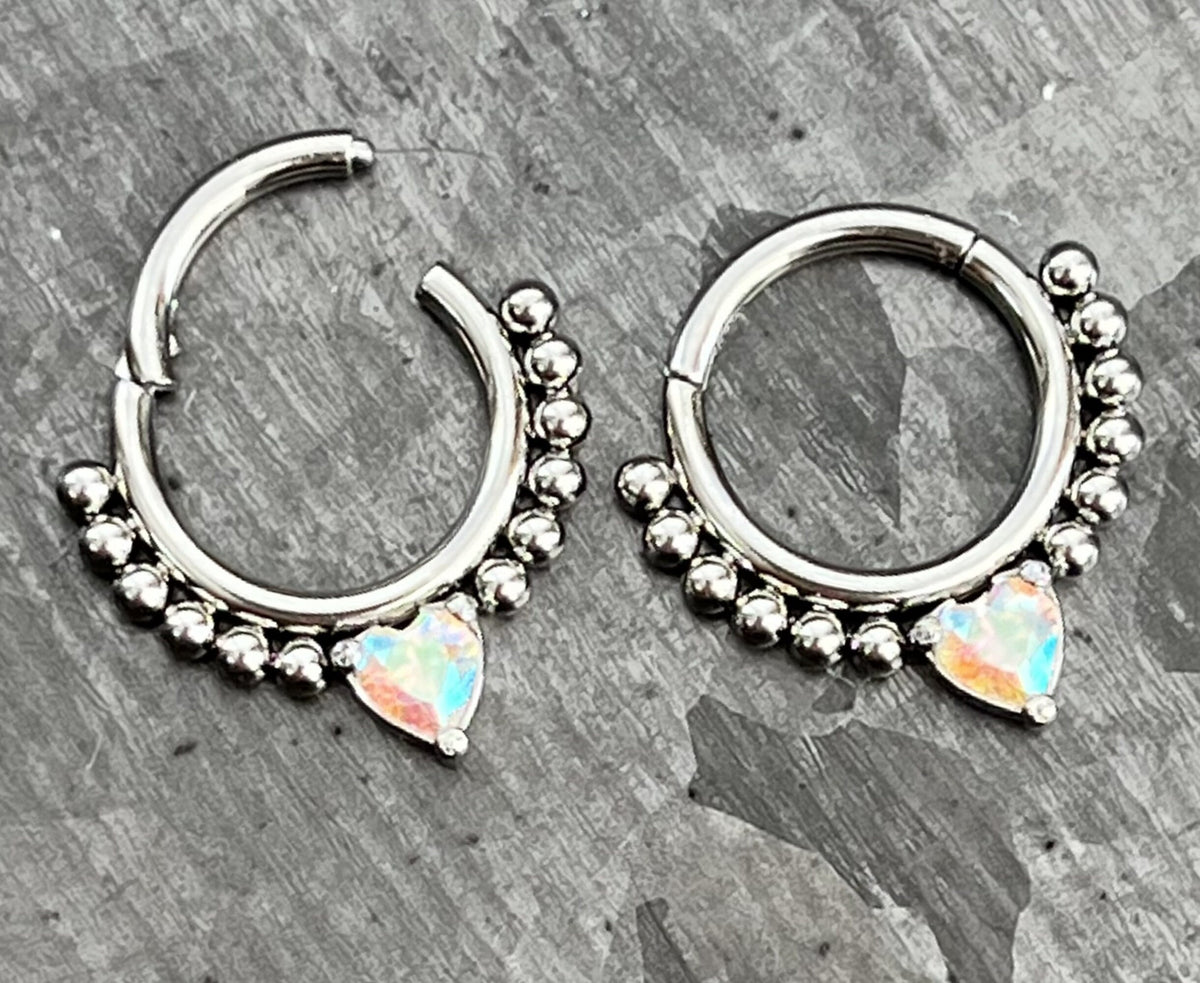 1 Piece of Stunning CZ Gem Heart Lined with Steel Balls Hinged Segment Septum Ring - 16g, 8mm - Aurora Borealis, Clear & Pink Available!